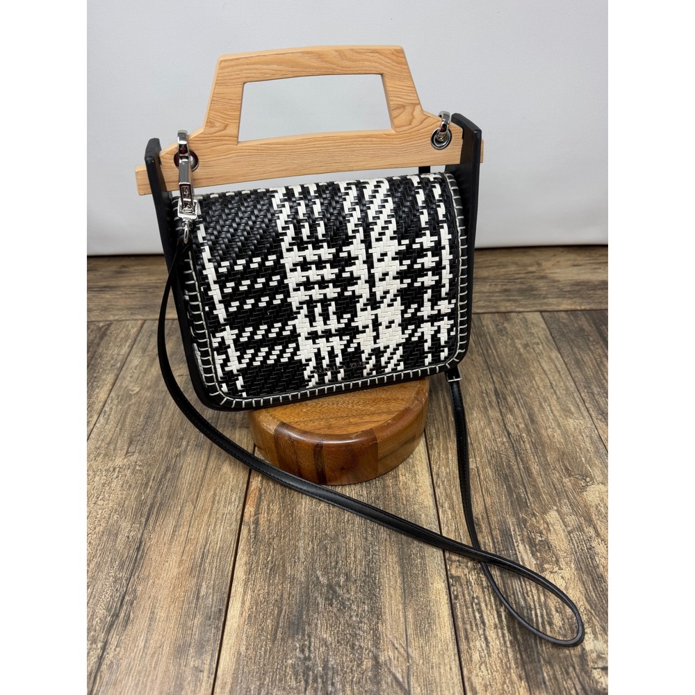 Charles & Keith Woven Plaid Crossbody Bag Wood Handle Black White Handbag